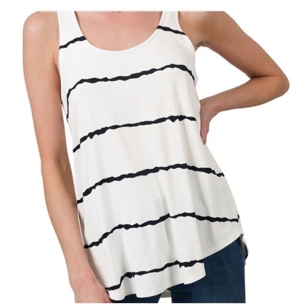 Zenana Women Striped Tank Top Ivory Black‎ Scoop Neck Sleeveless -  Large